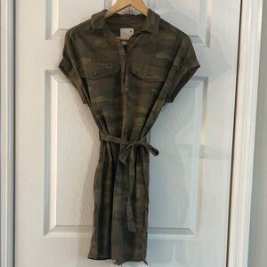 Camouflage Mini Shirt Dress with Tie Waist